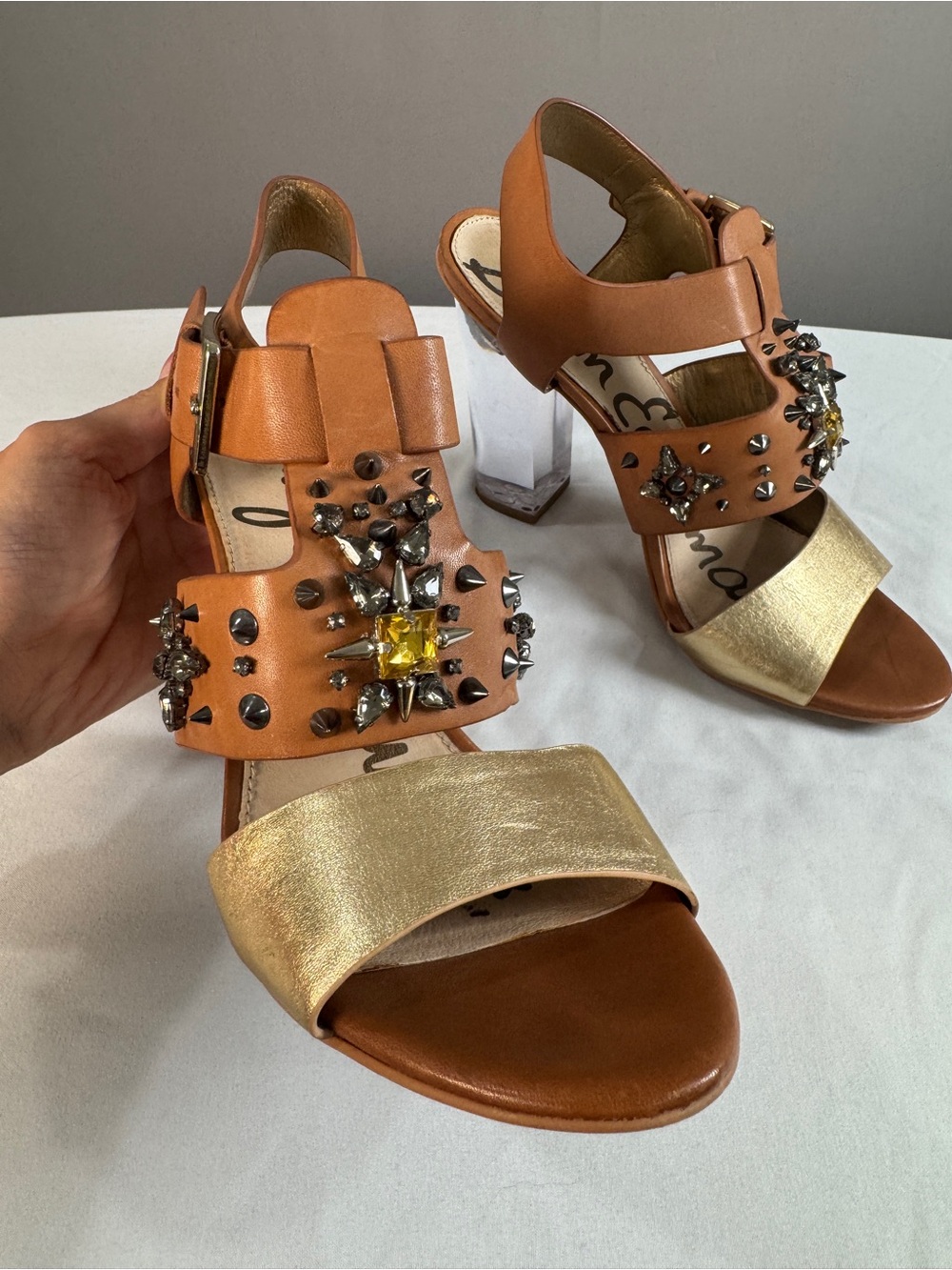 Sam Edelman Tan and Gold Block Heel Sandals with Jeweled Accents - Picture 3 of 7
